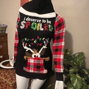 Plaid Holiday Sweater with Reindeer Design